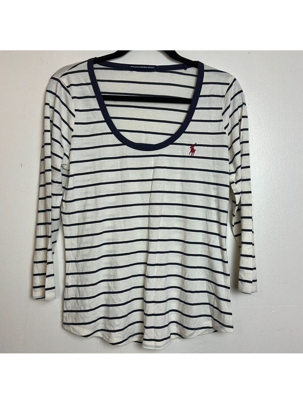 Ralph Lauren Sport Striped Logo Scoop neck Cropped 3/4 Sleeve Cotton Jersey Top